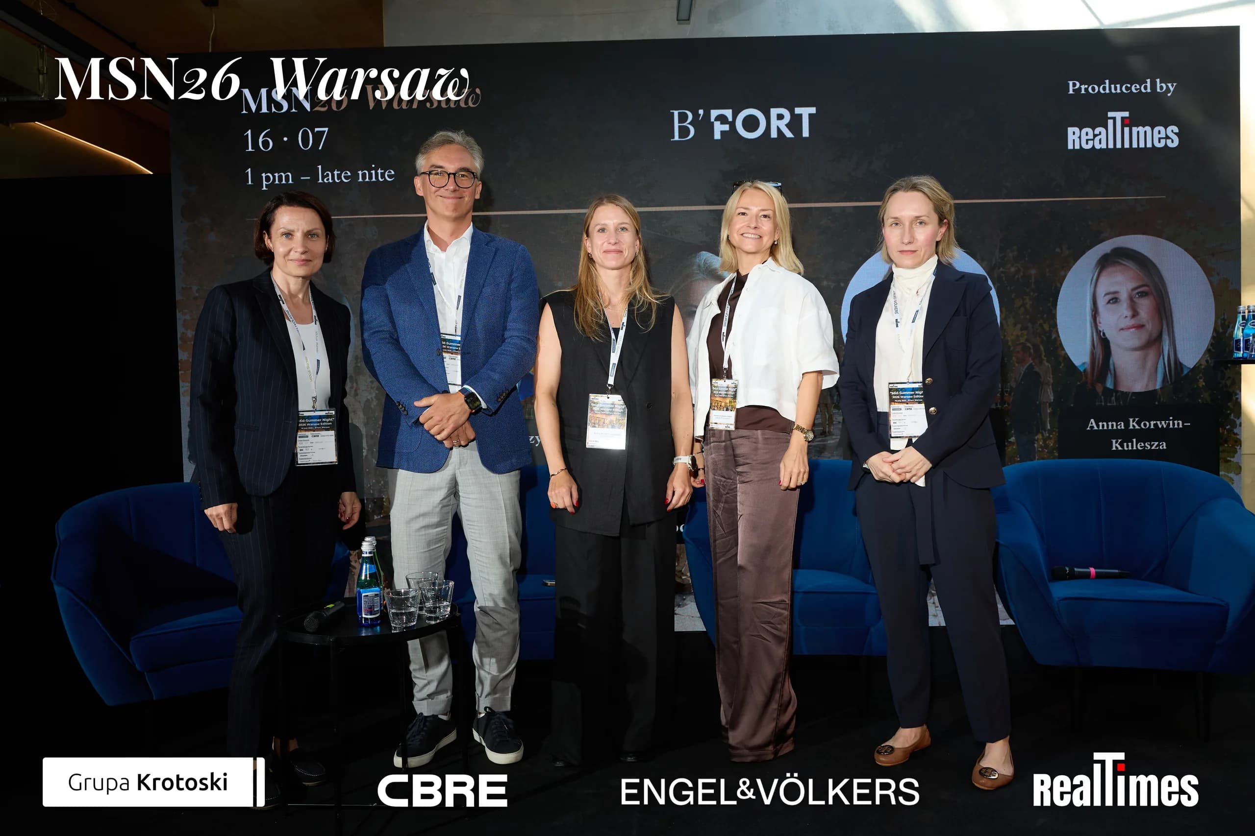 Mid-Summer Night 2026 at B'Fort, Warsaw: five panelists standing group photo on stage