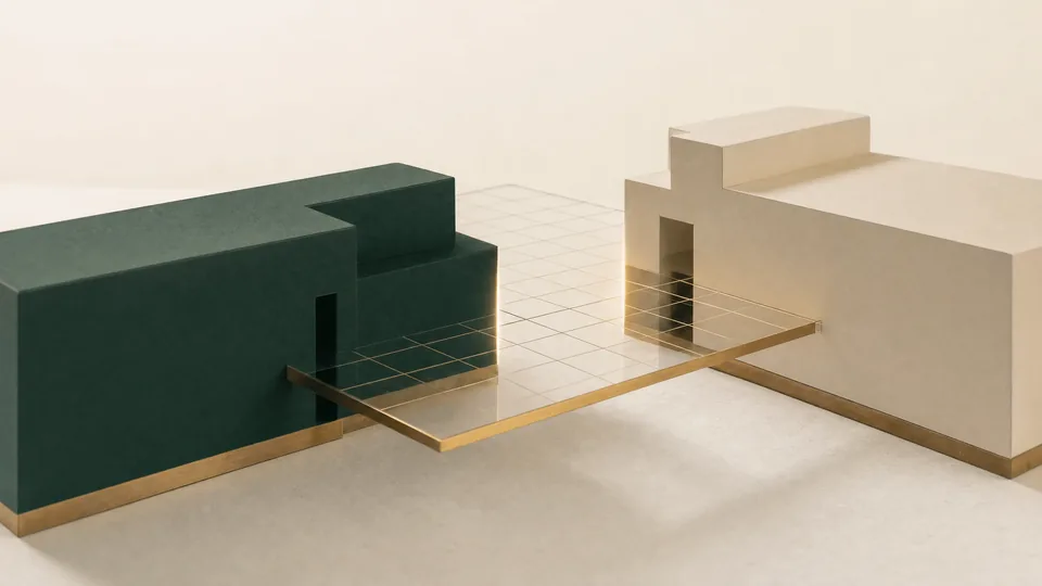 Conceptual illustration: a dark green block and an off-white block edging towards each other across a thin glass grid, a line of gold light where they almost align.