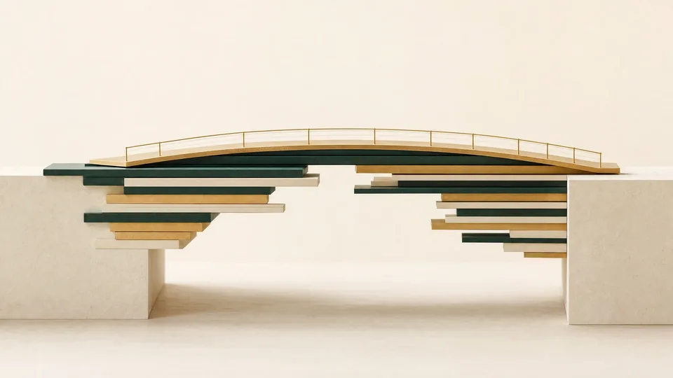 Conceptual illustration: a gold footbridge spanning two pale plinths, carried on stacked, offset layers of green, off-white and gold of different lengths.