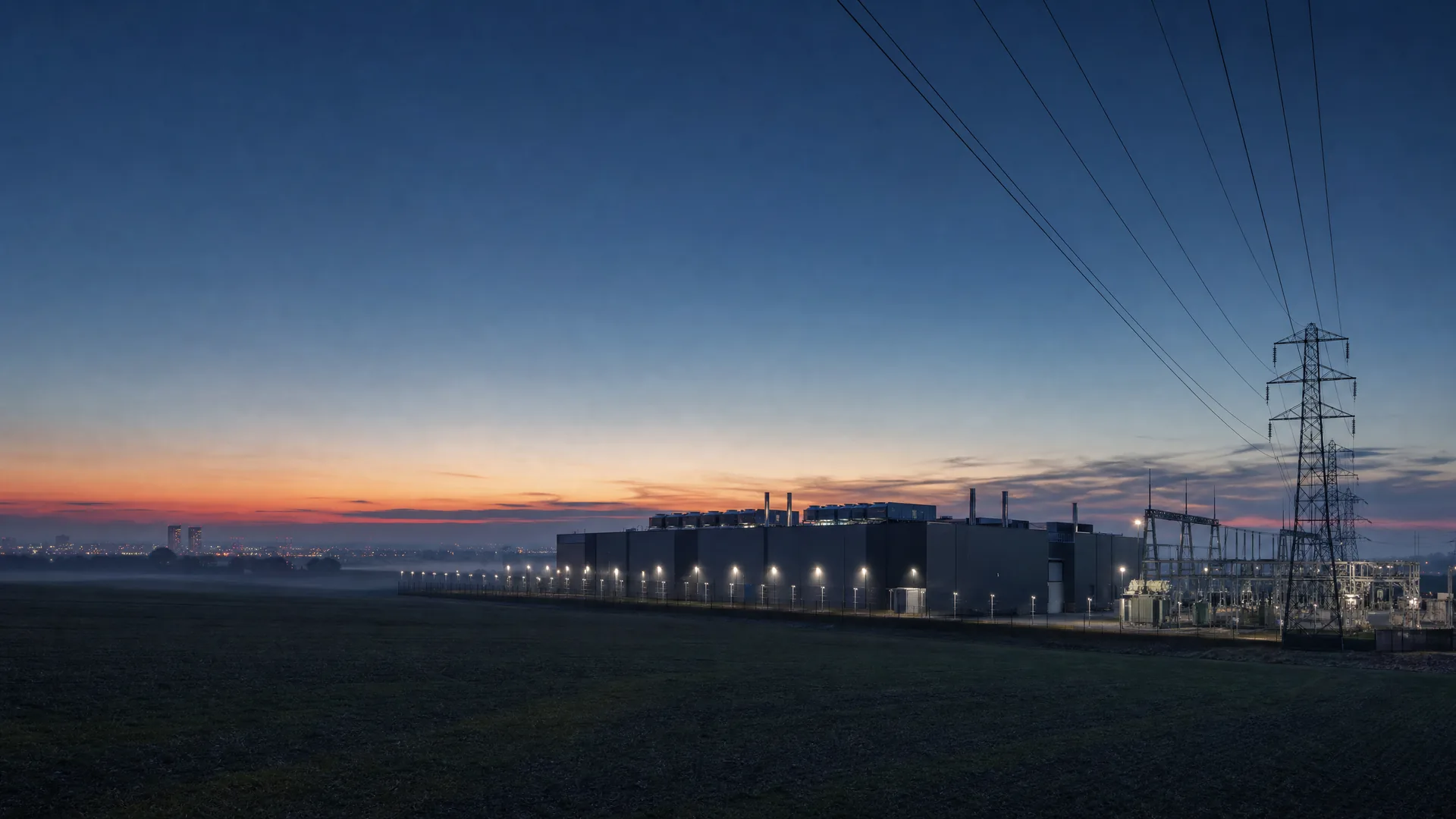 Conceptual illustration: a low, windowless data-centre campus on open land at dusk, a high-voltage substation and a steel pylon beside it, power lines crossing a deep blue sky.