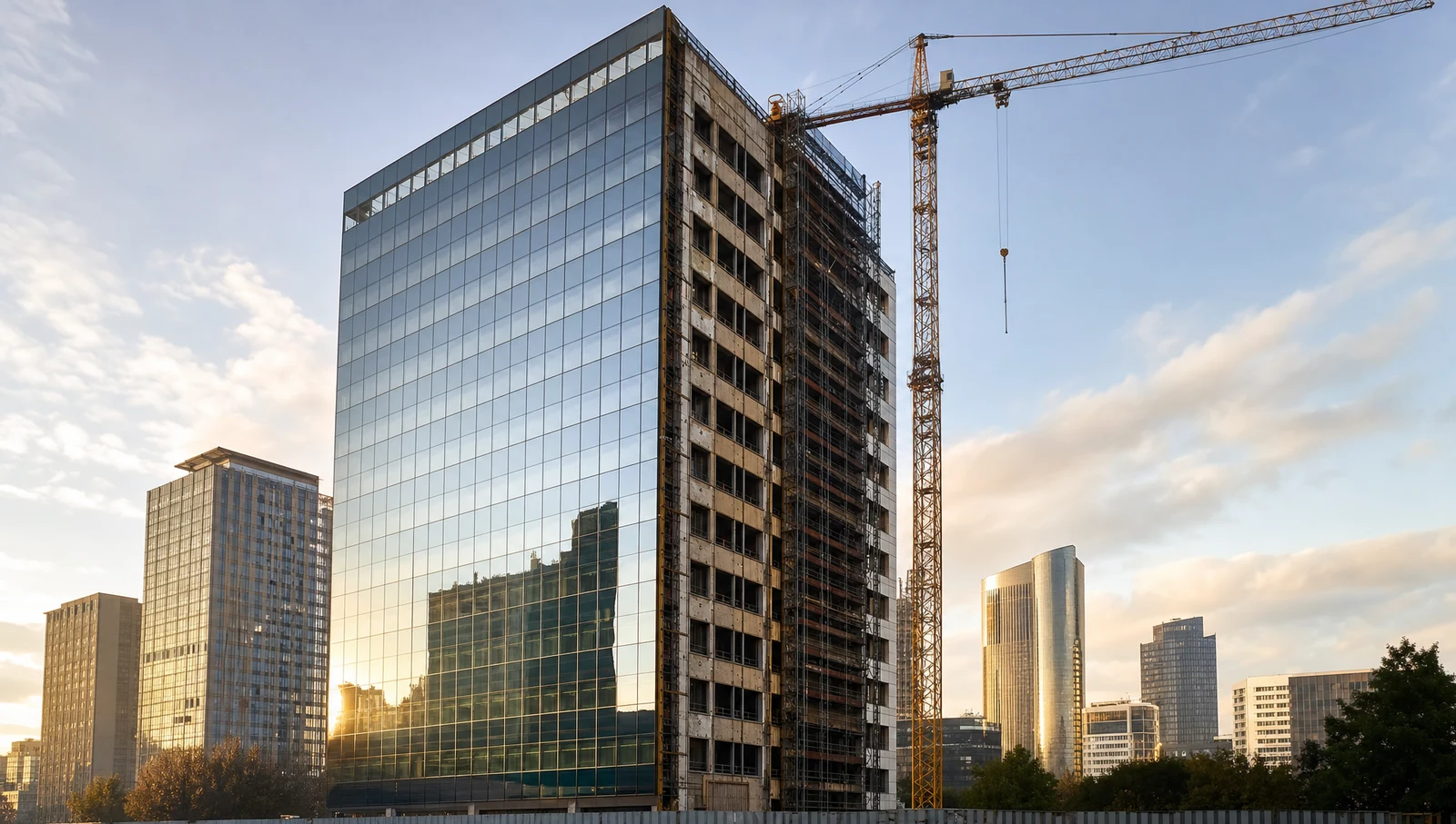 A 1970s office tower mid-retrofit, one face reclad in glass, the other still under scaffolding
