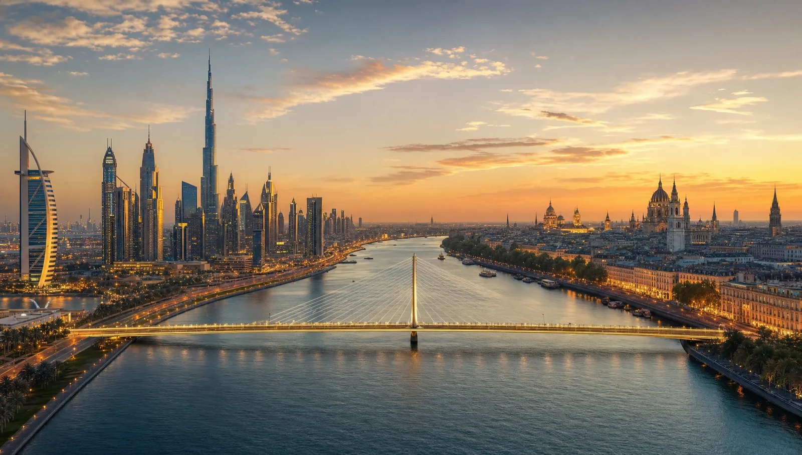 Dubai skyline along the water at golden hour, Burj Khalifa at its centre