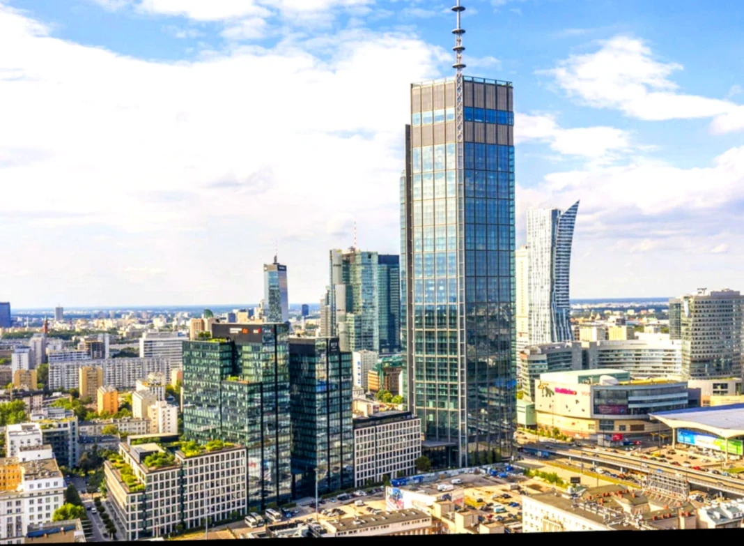Aerial view of Varso Tower over central Warsaw
