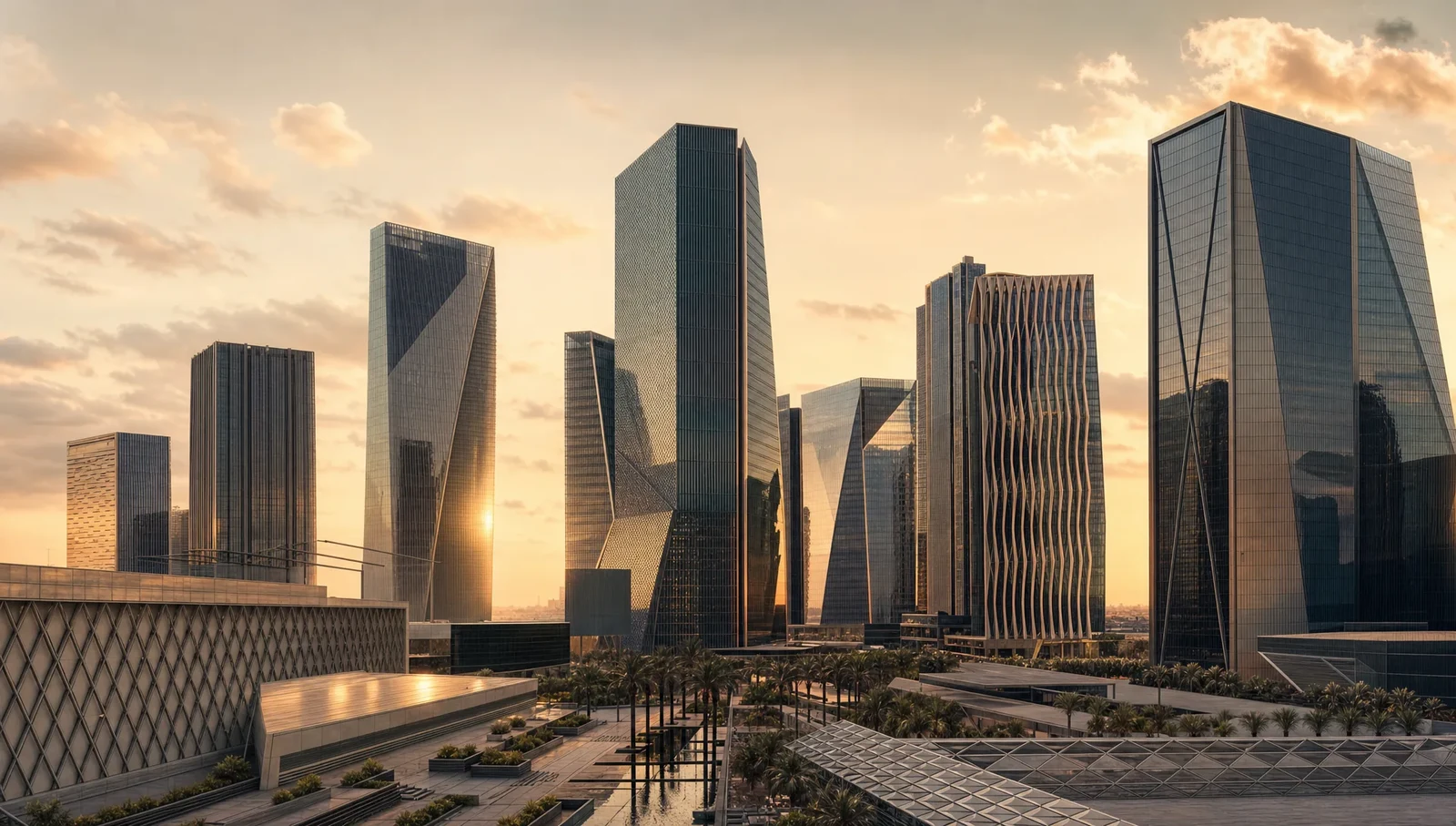 Glass tower facades catching low sun