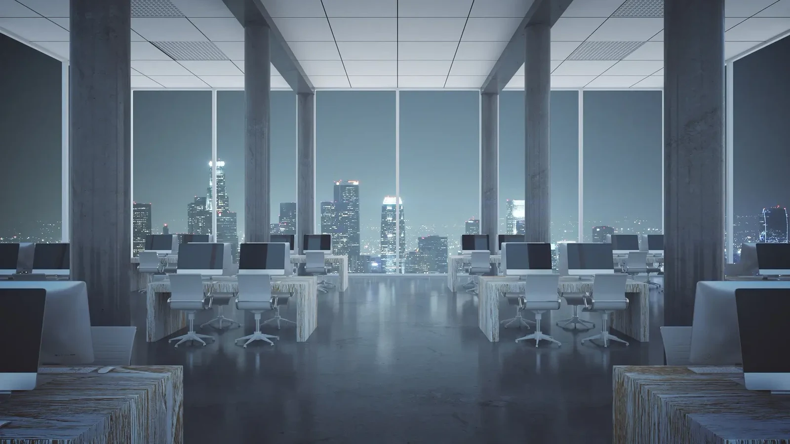 An office tower interior looking out over the city