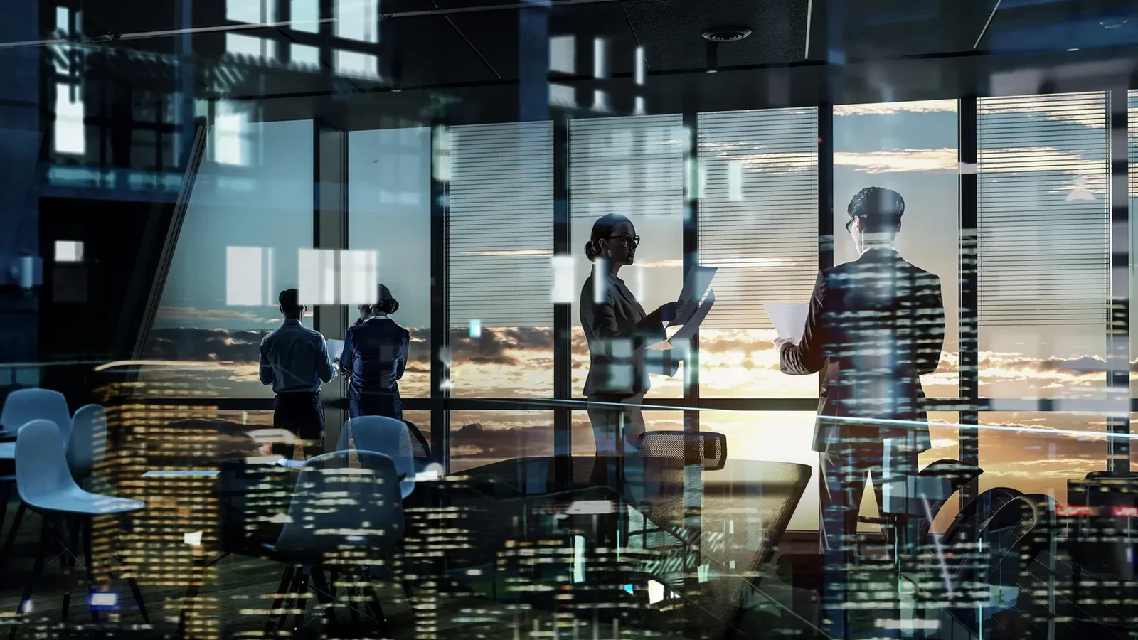 A boardroom high above the city