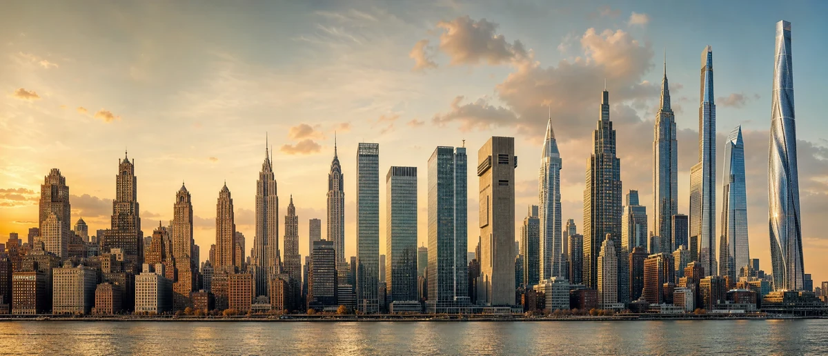 A century of skyscrapers in one skyline, from masonry towers to today's slender glass spires