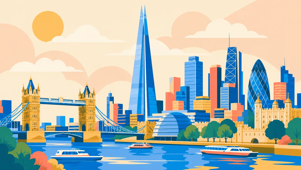 The London skyline in flat, saturated colour, the Shard rising over the Thames, the visual language chosen for this edition