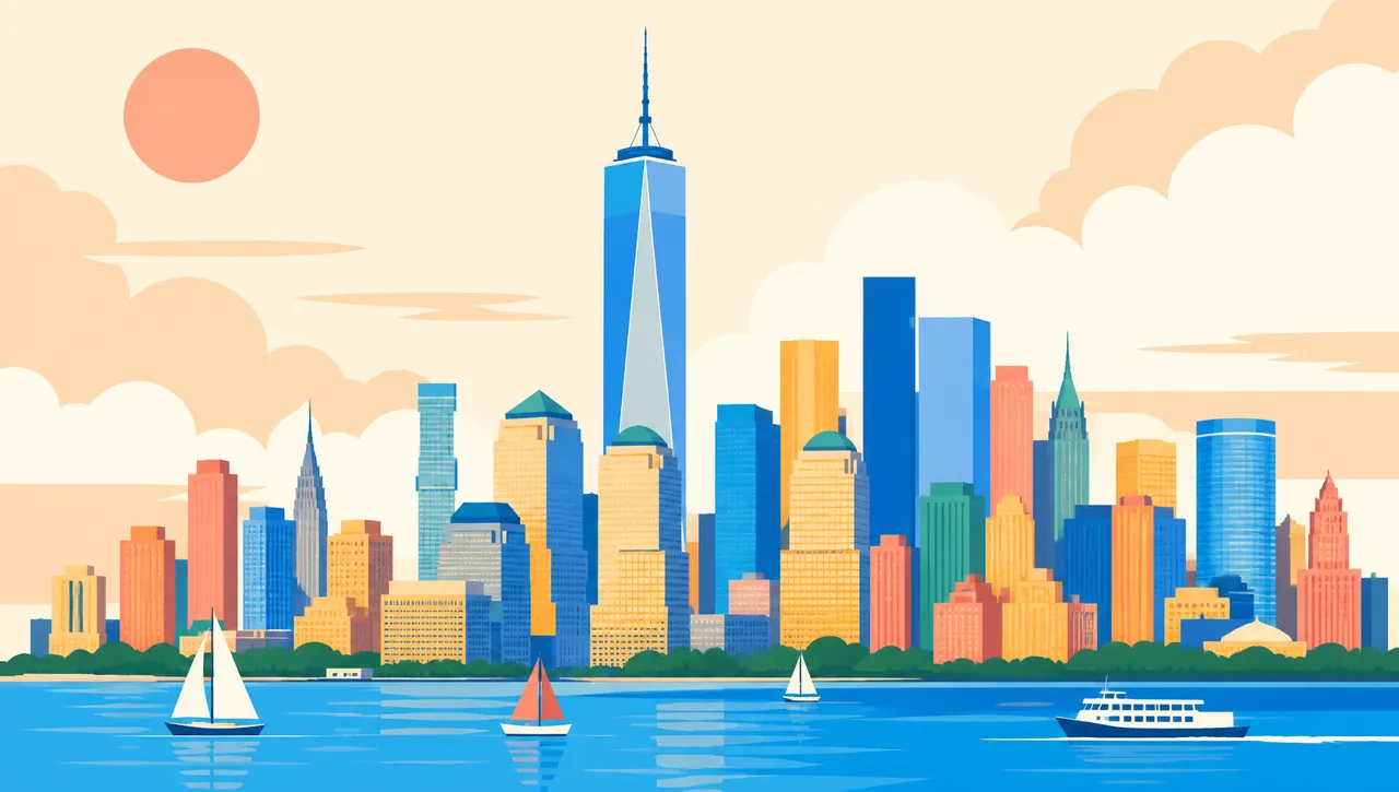 One World Trade Center illustrated in flat-pop style, New York, the tower proposed as the emblem of Dialogue of Skyscrapers Edition IV, 2027