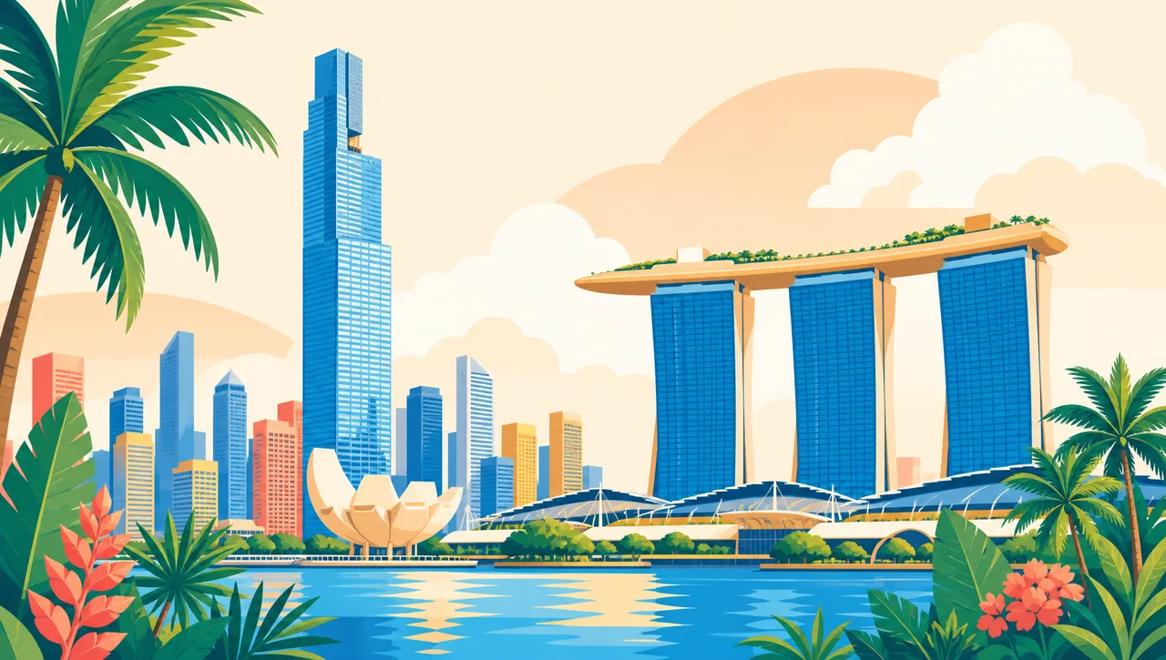 Guoco Tower illustrated in flat-pop style, Singapore, the tower proposed as the emblem of Dialogue of Skyscrapers Edition III, 2027