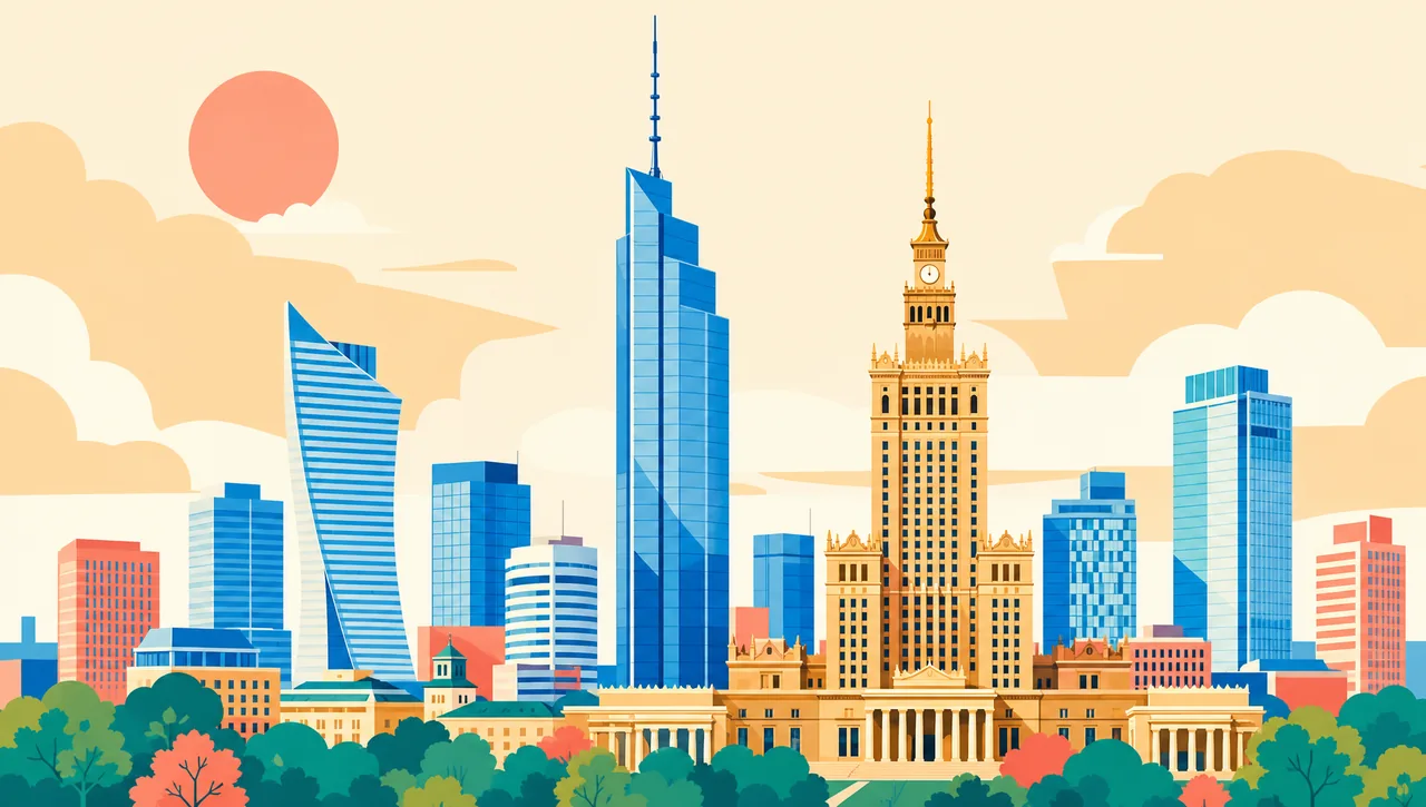 Varso Tower illustrated in flat-pop style, Warsaw, the tower adopted as the emblem of Dialogue of Skyscrapers Edition I, 2026