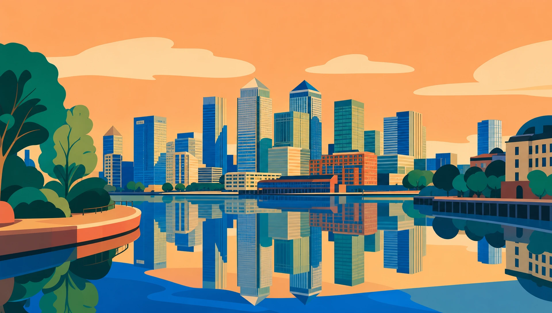 A flat-pop illustration in bold cerulean, gold and coral fields of the Canary Wharf skyline, the evening partners at B2BV2V26 London build their presence into