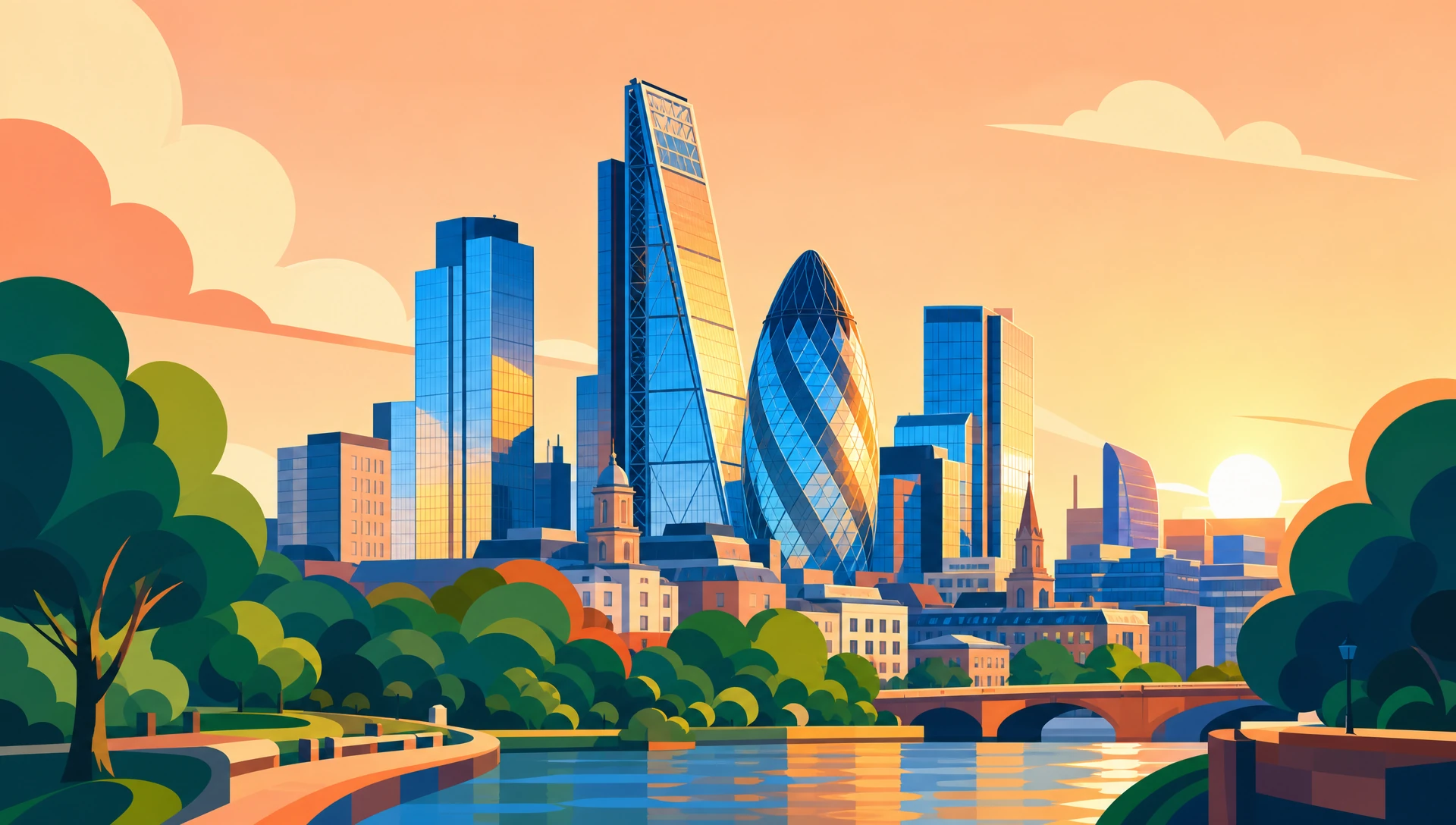 The Cheesegrater and the City of London cluster rendered as an original RealTimes illustration in the London flat-pop tribute style, London