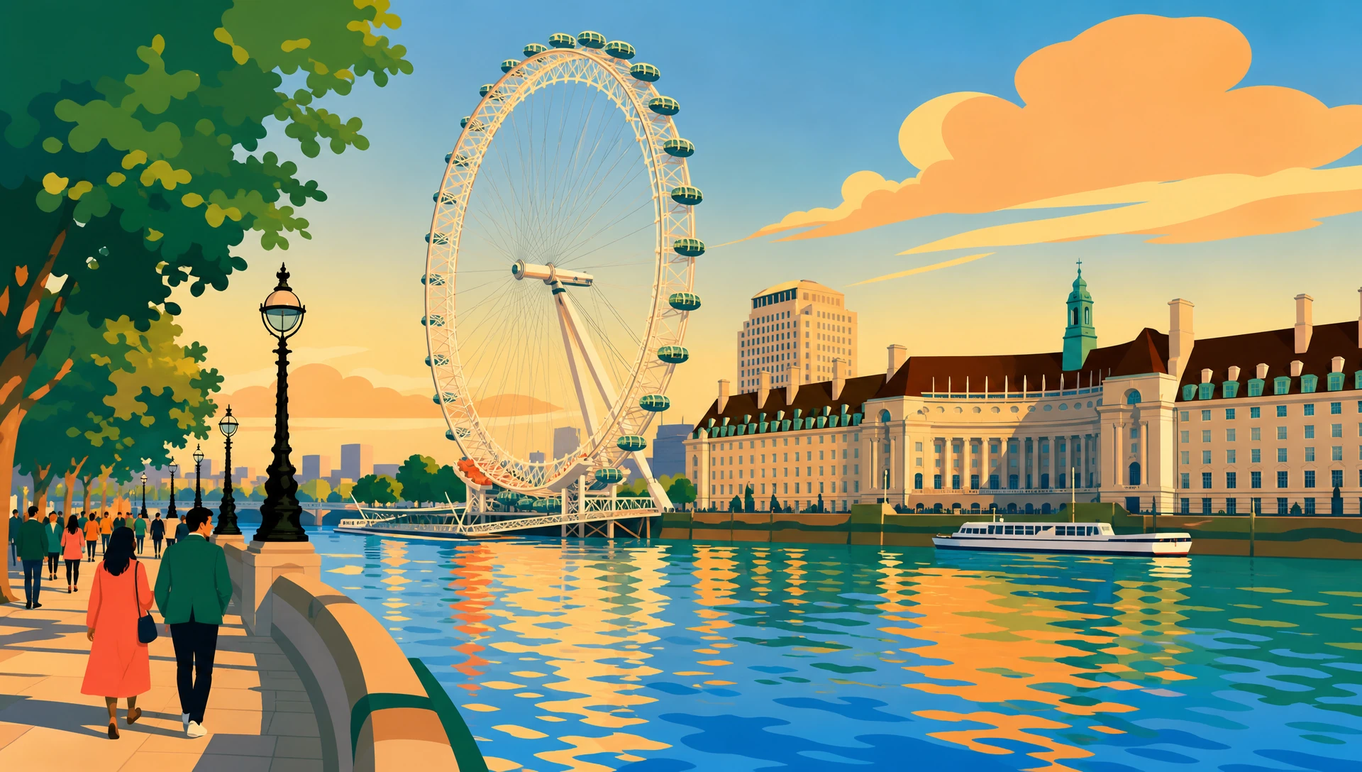 A flat-pop illustration in bold cerulean, gold and coral fields of the London Eye on the Thames, the setting a partnership credit reaches all evening
