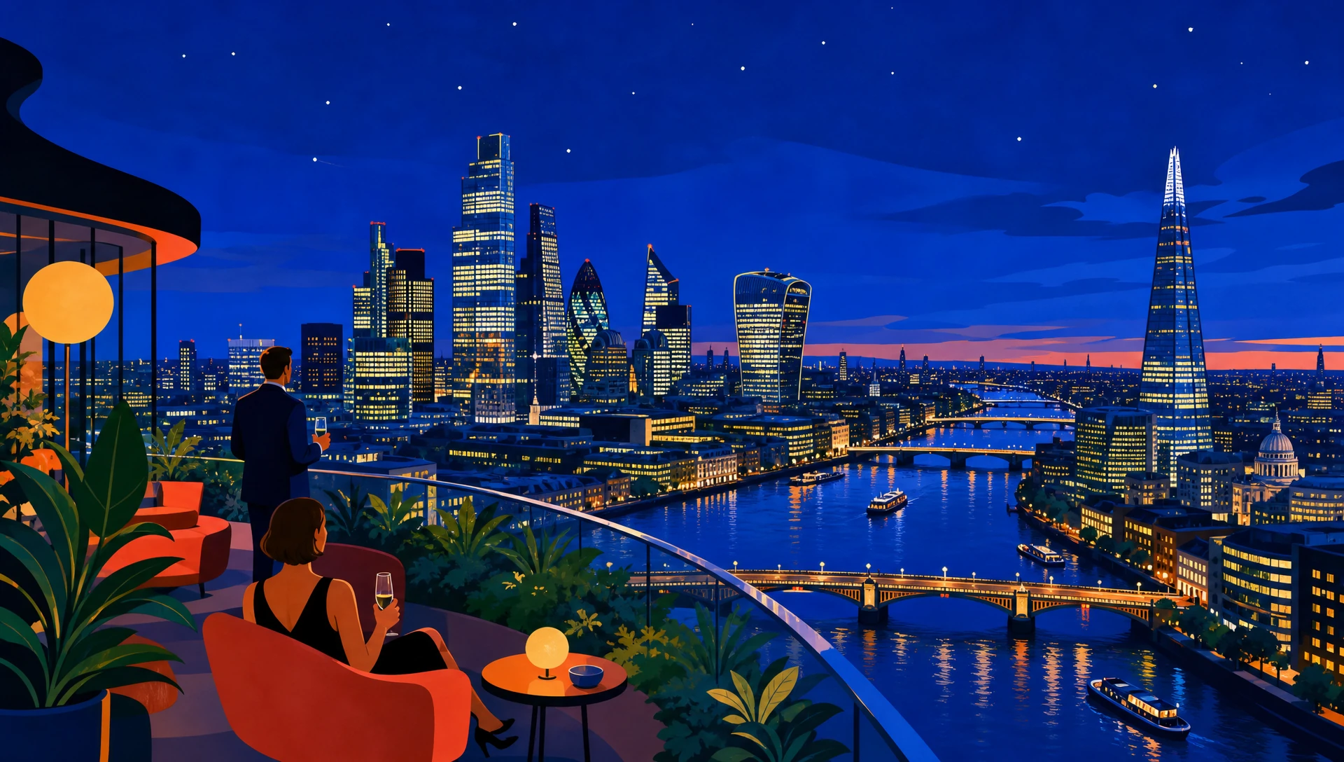 A flat-pop illustration in bold cerulean, gold and coral fields of a City of London night skyline seen from a rooftop, the outlook from Landing Forty Two, Level 42 of The Leadenhall Building