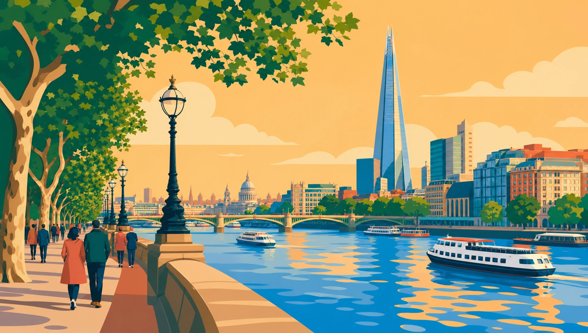 A flat-pop illustration in bold cerulean, gold and coral fields of the Shard rising above the Thames, the outlook from Level 42 at B2BV2V26 London