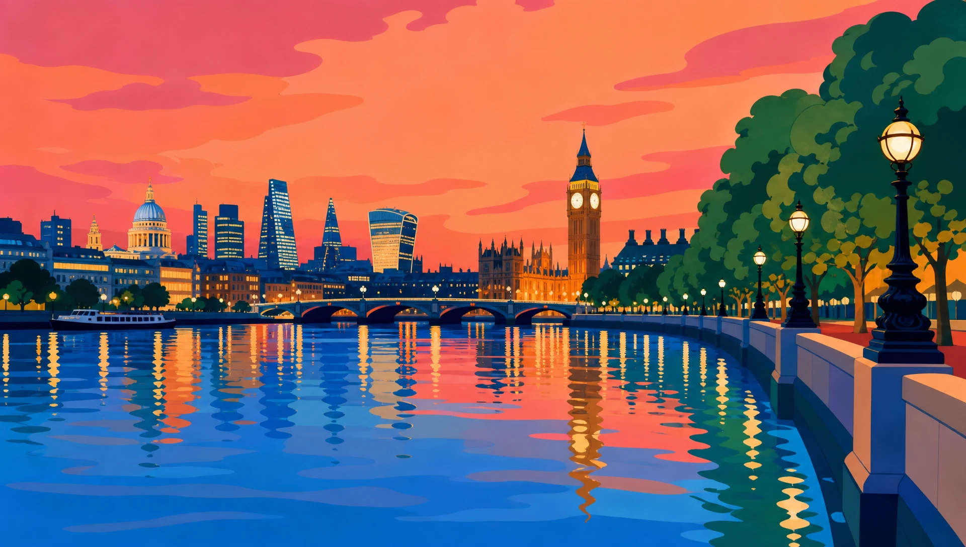 The River Thames at dusk rendered as an original RealTimes illustration in the London flat-pop tribute style, London