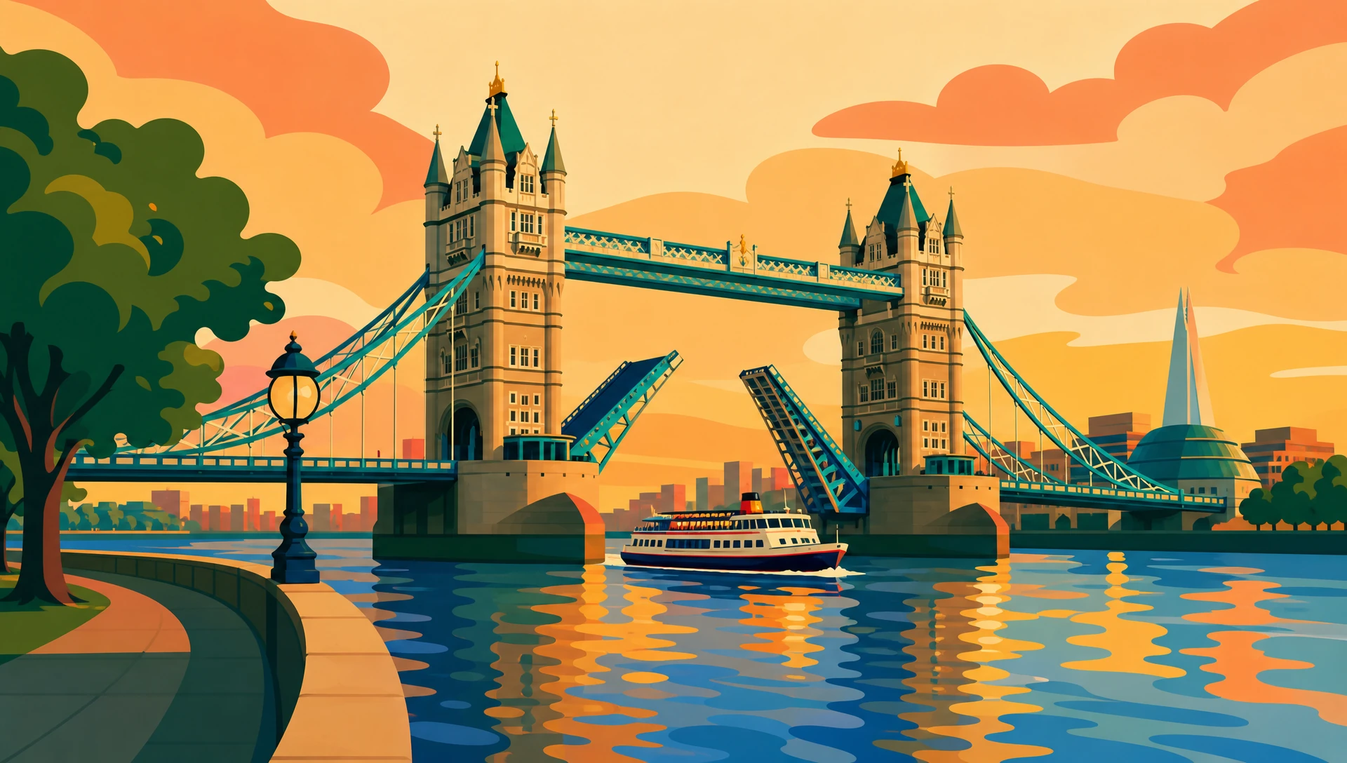 A flat-pop illustration in bold cerulean, gold and coral fields of Tower Bridge over the Thames, the room B2BV2V26 London's three panels are built for.