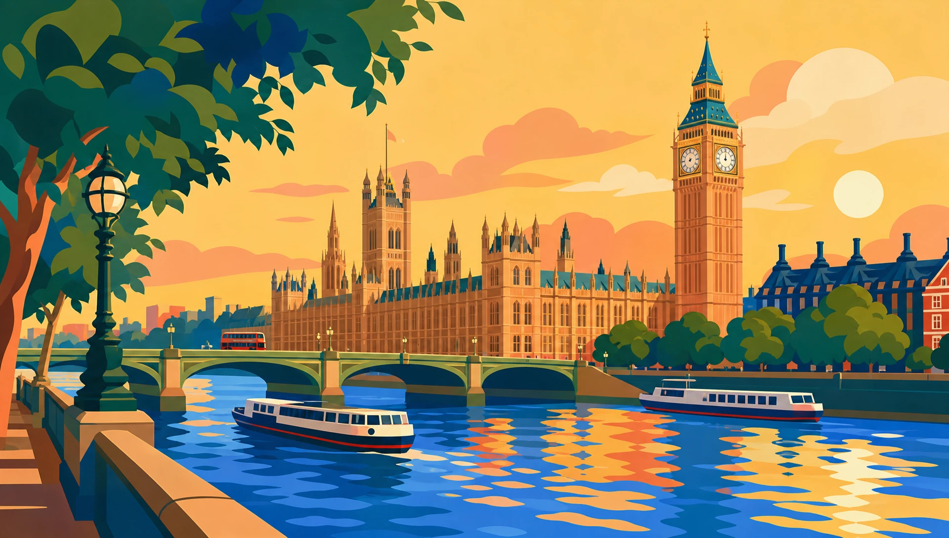 A flat-pop illustration in bold cerulean, gold and coral fields of the Palace of Westminster and Elizabeth Tower, ready for the room's three canvases