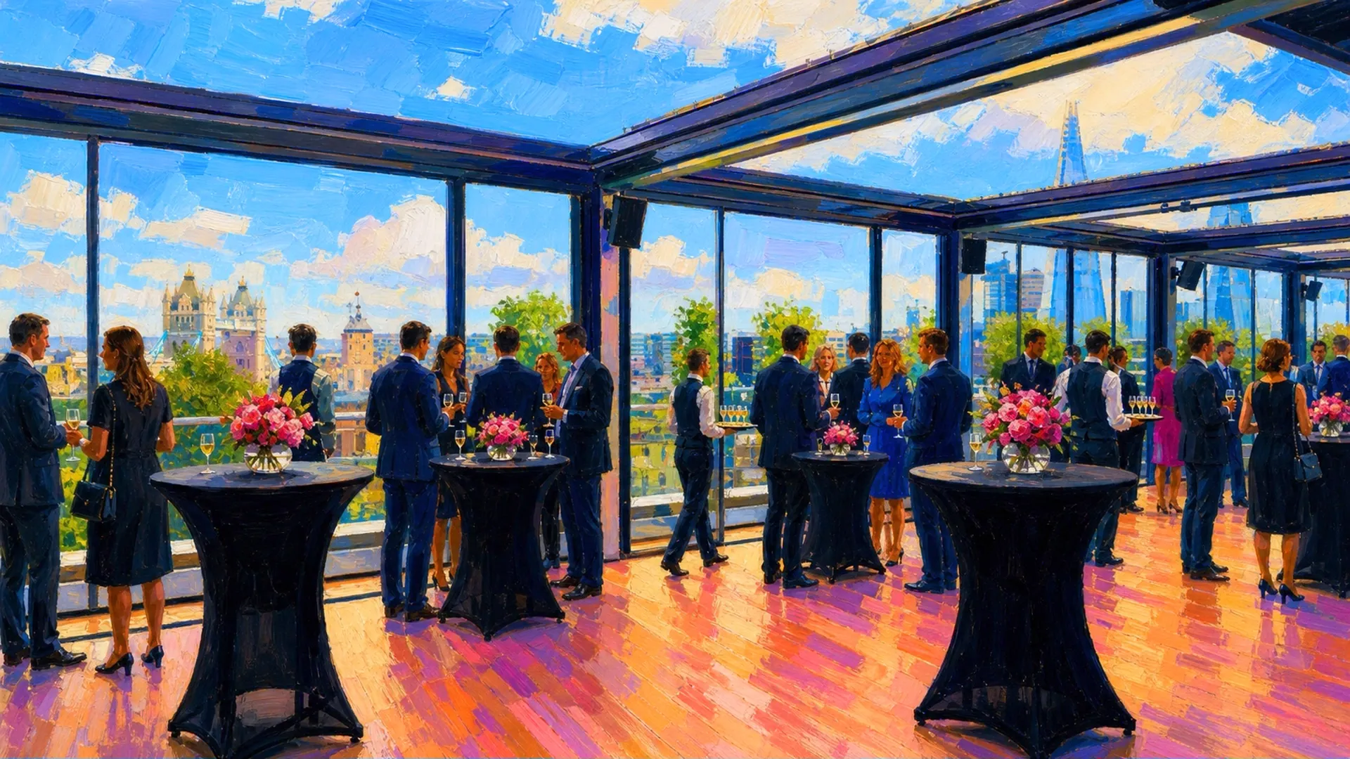 Arrivals at the rooftop reception in The Skyline at Tower Suites, Tower Bridge and The Shard beyond the glass, b2bv2v26 London opens on 8 September 2026