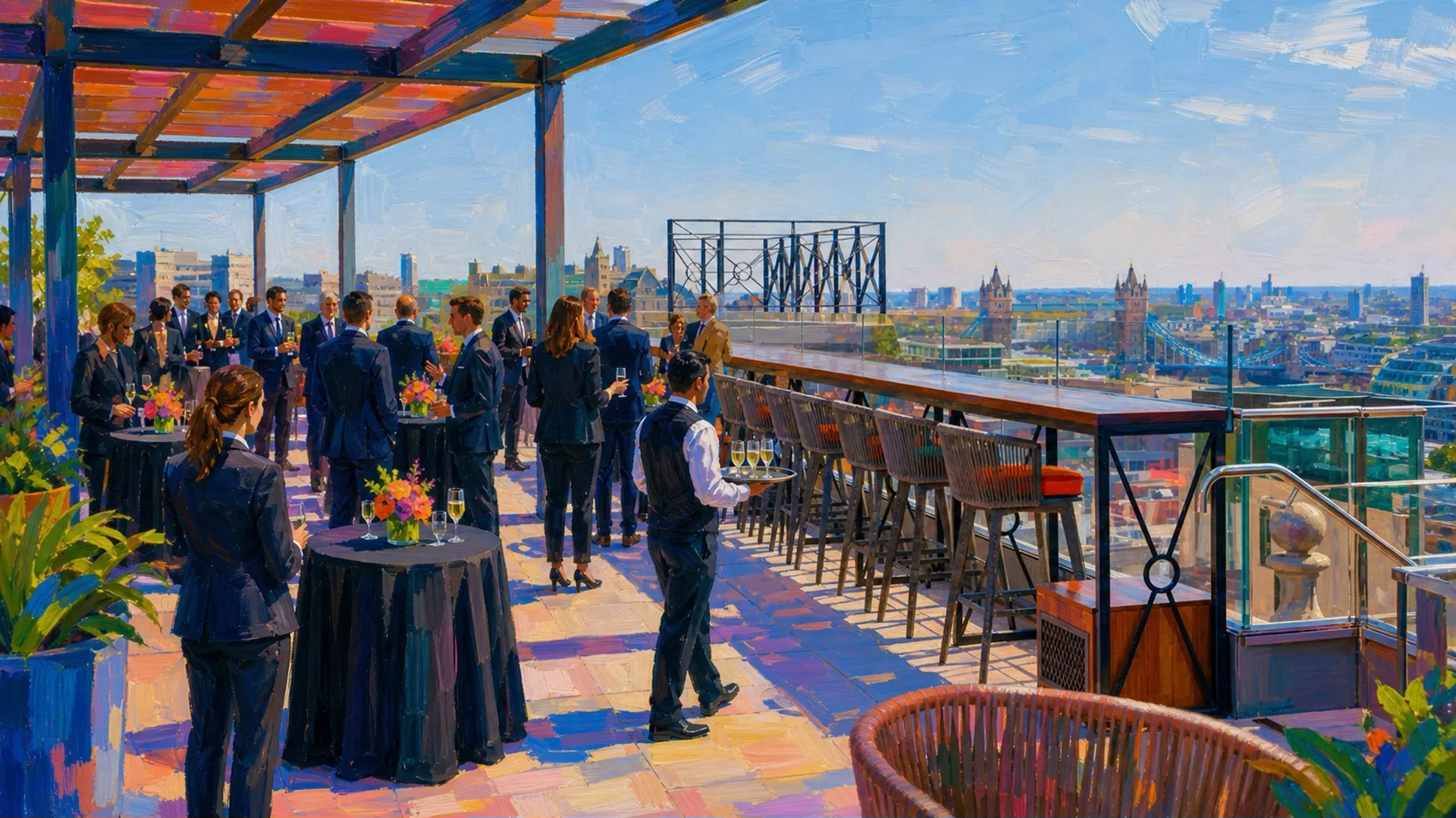 Small groups at the open-air rooftop bar at Tower Suites, Tower Bridge in the middle distance, unhurried conversation between capital and developers