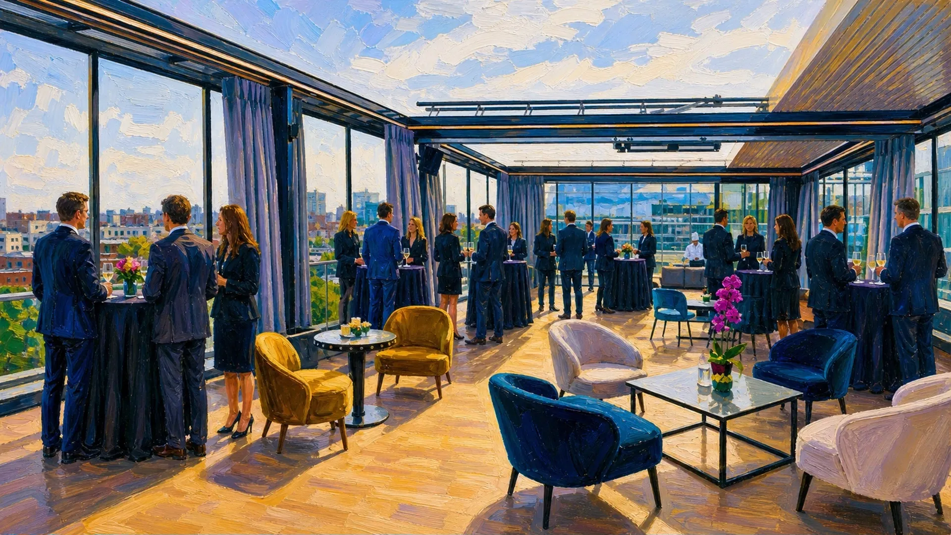 A breakout corner of soft seating at The Skyline, Tower Suites, where smaller groups continue the Canvas discussions after the panels close