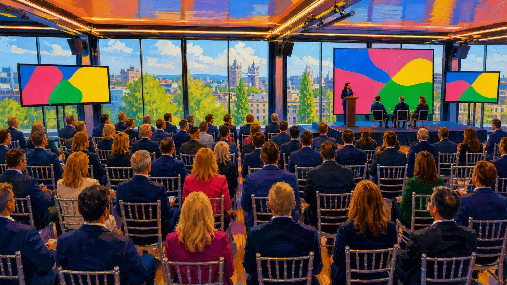 A speaker and three panellists on the low stage at The Skyline, Tower Suites, Tower Bridge through the window wall behind, a b2bv2v26 London Canvas session