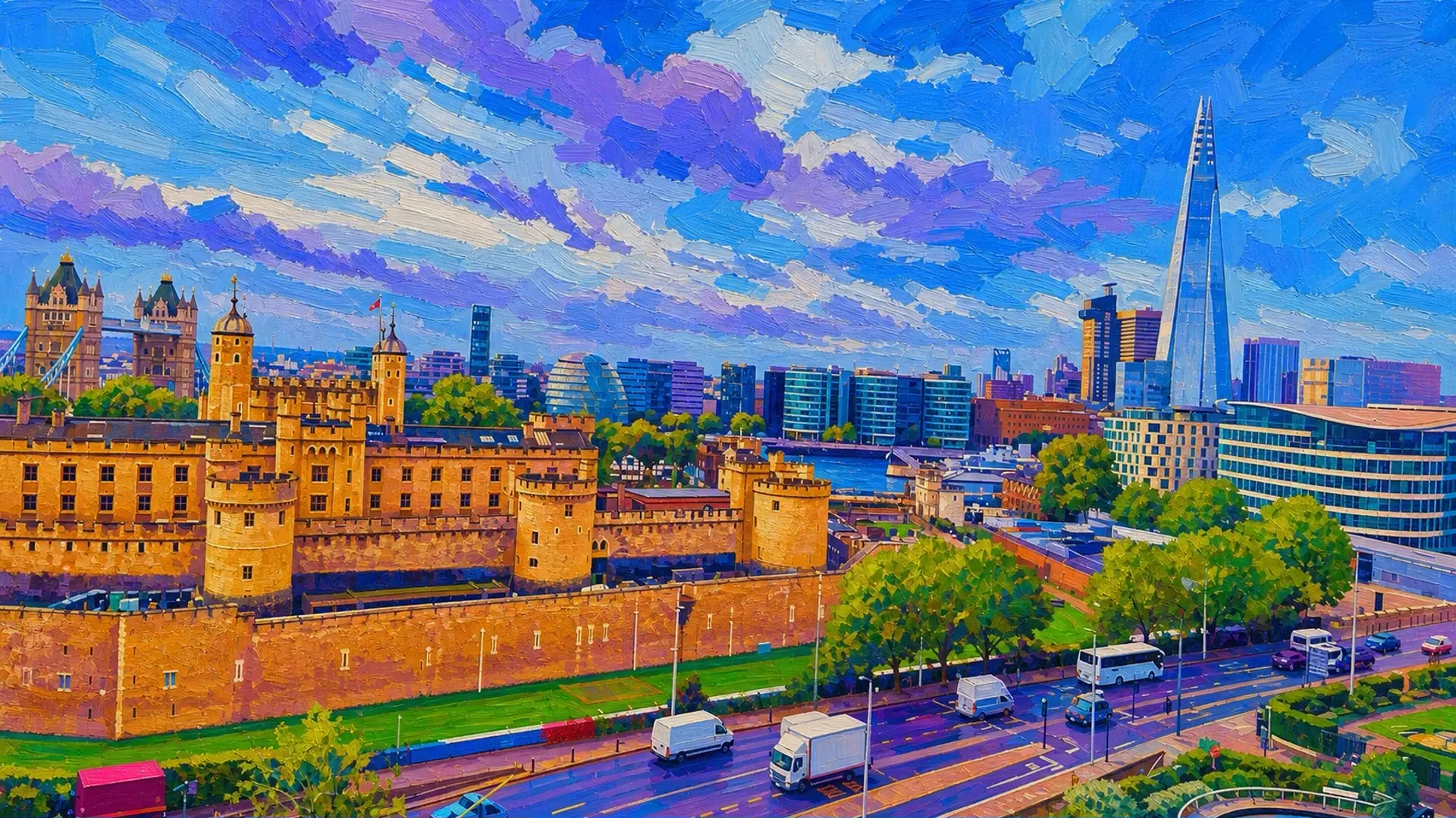 Daylight panorama over the Tower of London toward The Shard, the City neighbourhood of The Skyline at Tower Suites, host room for b2bv2v26 London