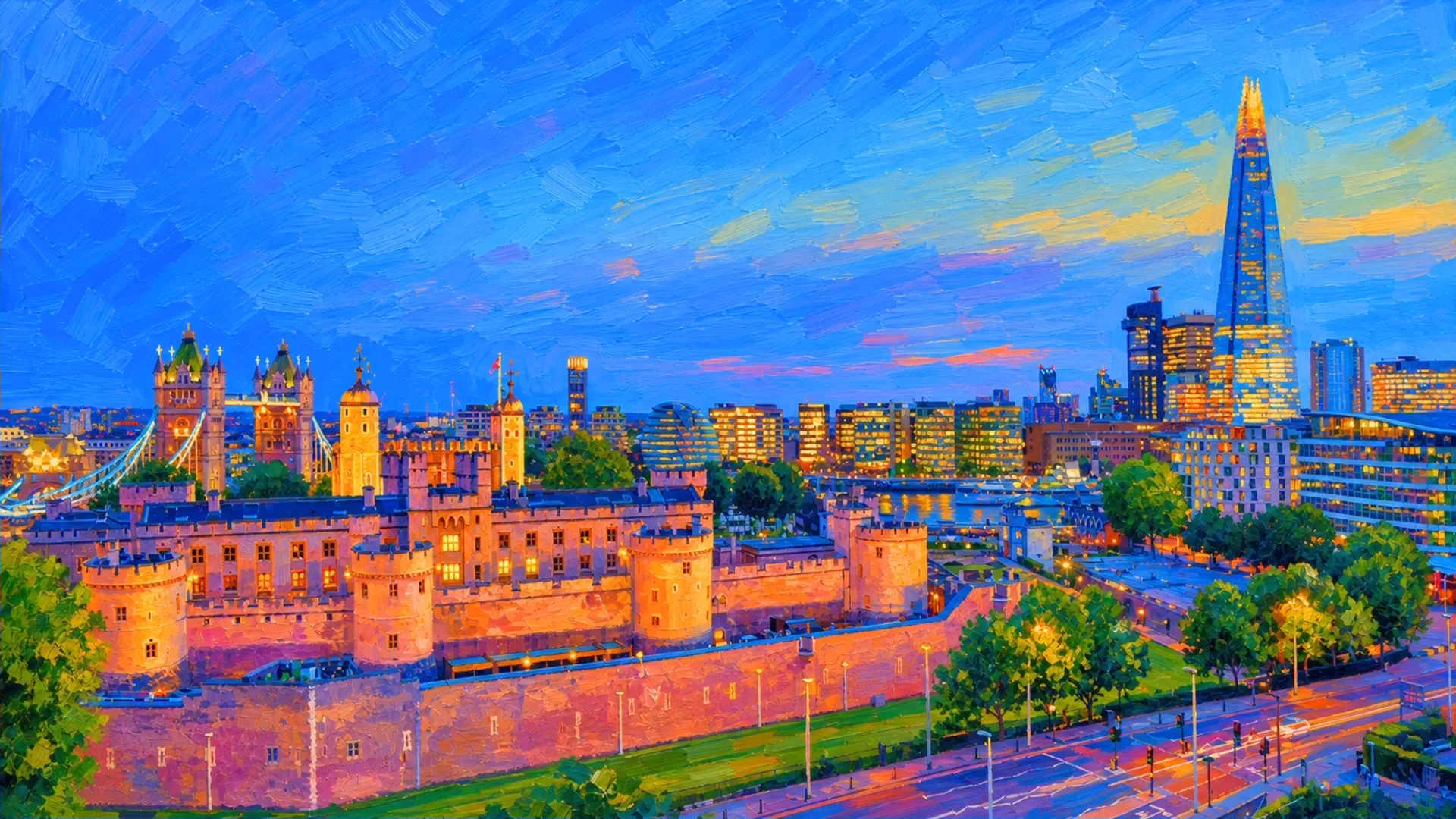 The Tower of London, Tower Bridge and The Shard at dusk, the sightline from The Skyline at Tower Suites, host room for b2bv2v26 London on 8 September 2026