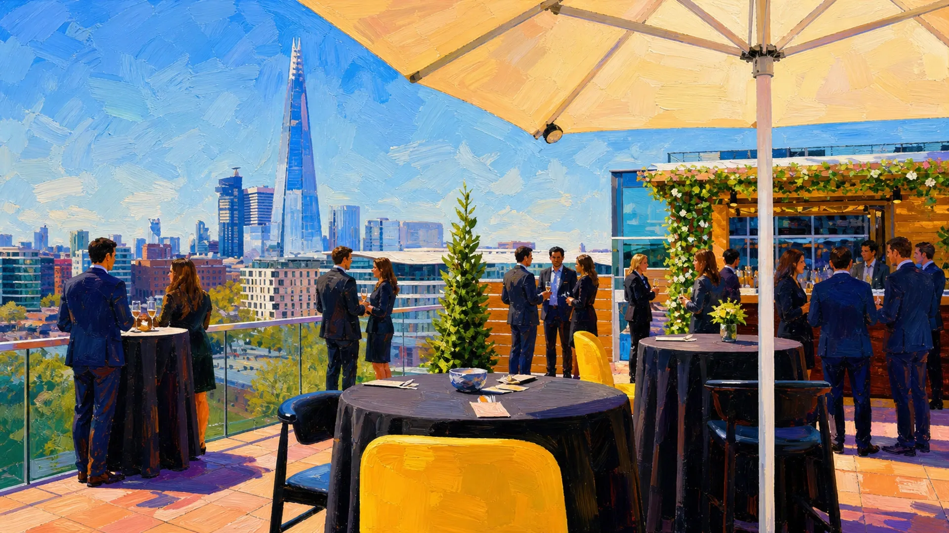The open-air rooftop terrace at Tower Suites with The Shard beyond the balustrade, the London skyline whose development charges are fixed years before anything is built
