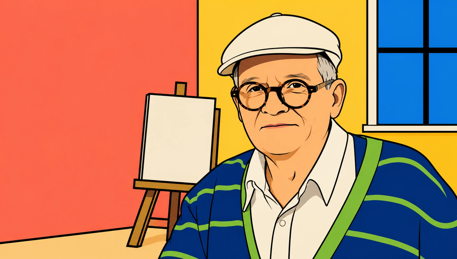An original tribute artwork in flat pop-art colour: a painter's studio with an easel by a sunlit window, coral, gold and cerulean tones, the palette chosen for b2bv2v26 London