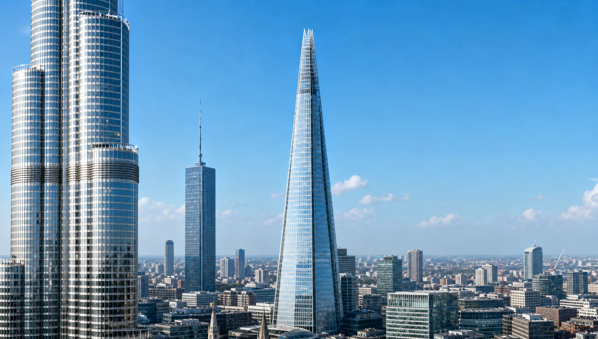 A daylight skyline composite: The Shard of London standing complete at the centre, the Burj Khalifa rising in the foreground at left, Varso Tower of Warsaw set back behind it. The three towers of the Dialogue of Skyscrapers, Editions I and II