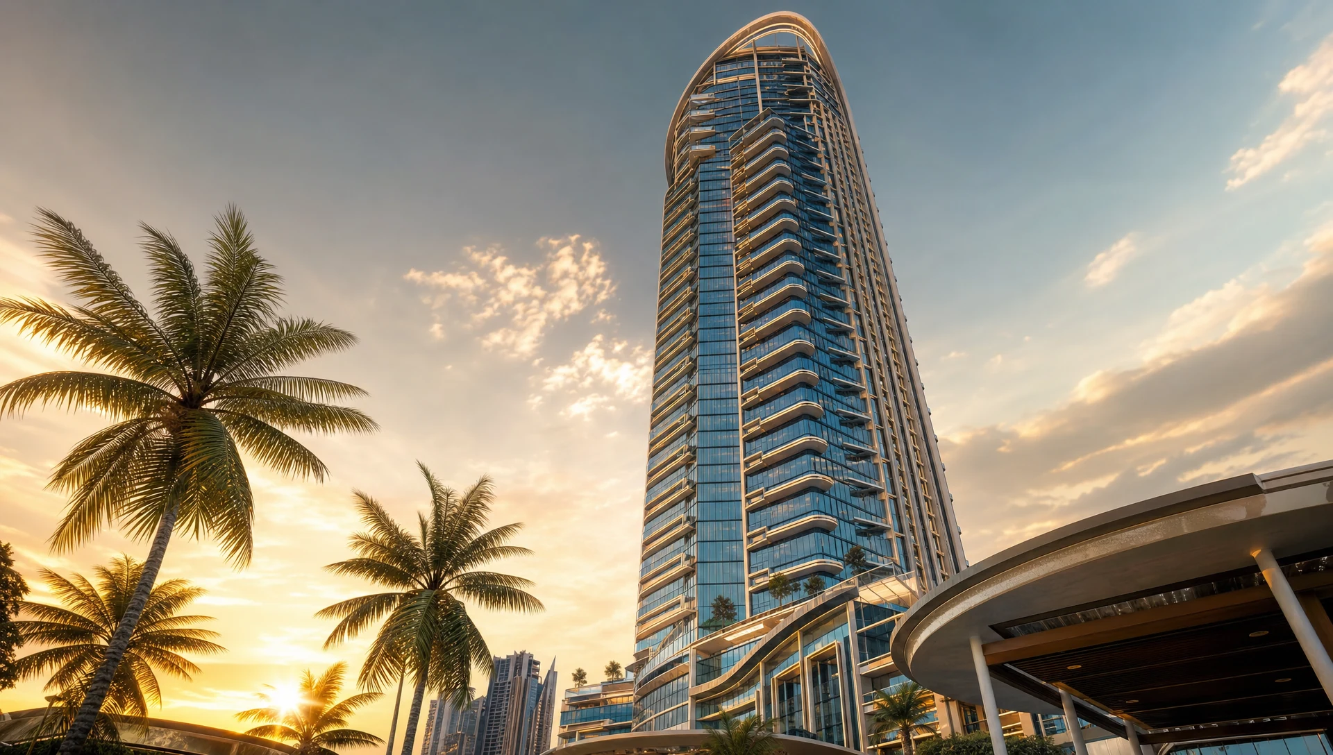 A sculpted curved-glass residential tower rising above palm trees at golden hour.
