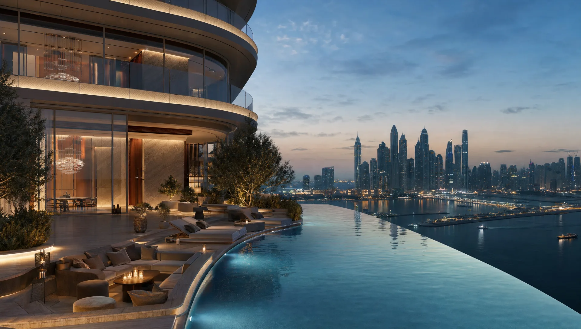 An ultra-luxury branded residence tower at blue hour.