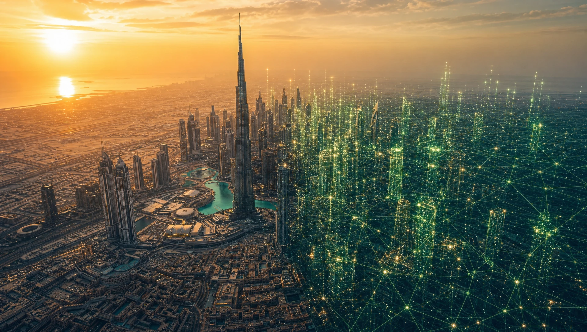 Aerial view of Dubai at golden hour where part of the skyline dissolves into a glowing green-gold data network.