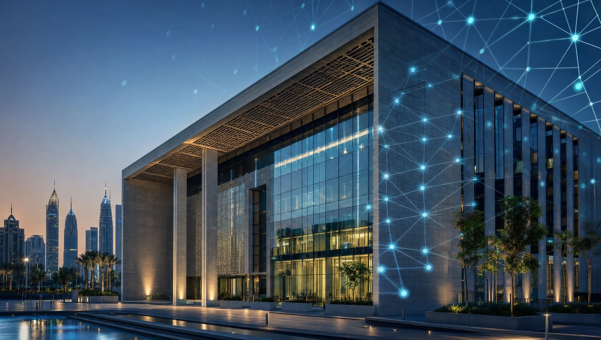 Dubai Land Department's headquarters at dusk, its facade overlaid with a glowing blockchain lattice.