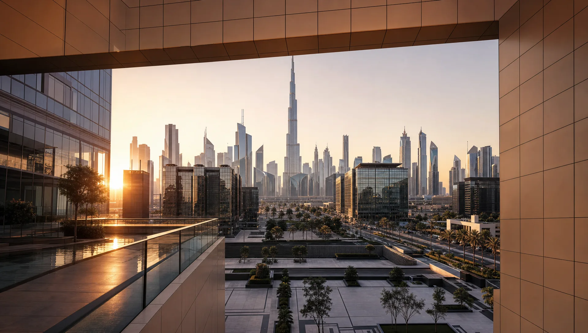Dubai's property and financial district seen through a clean geometric lens.