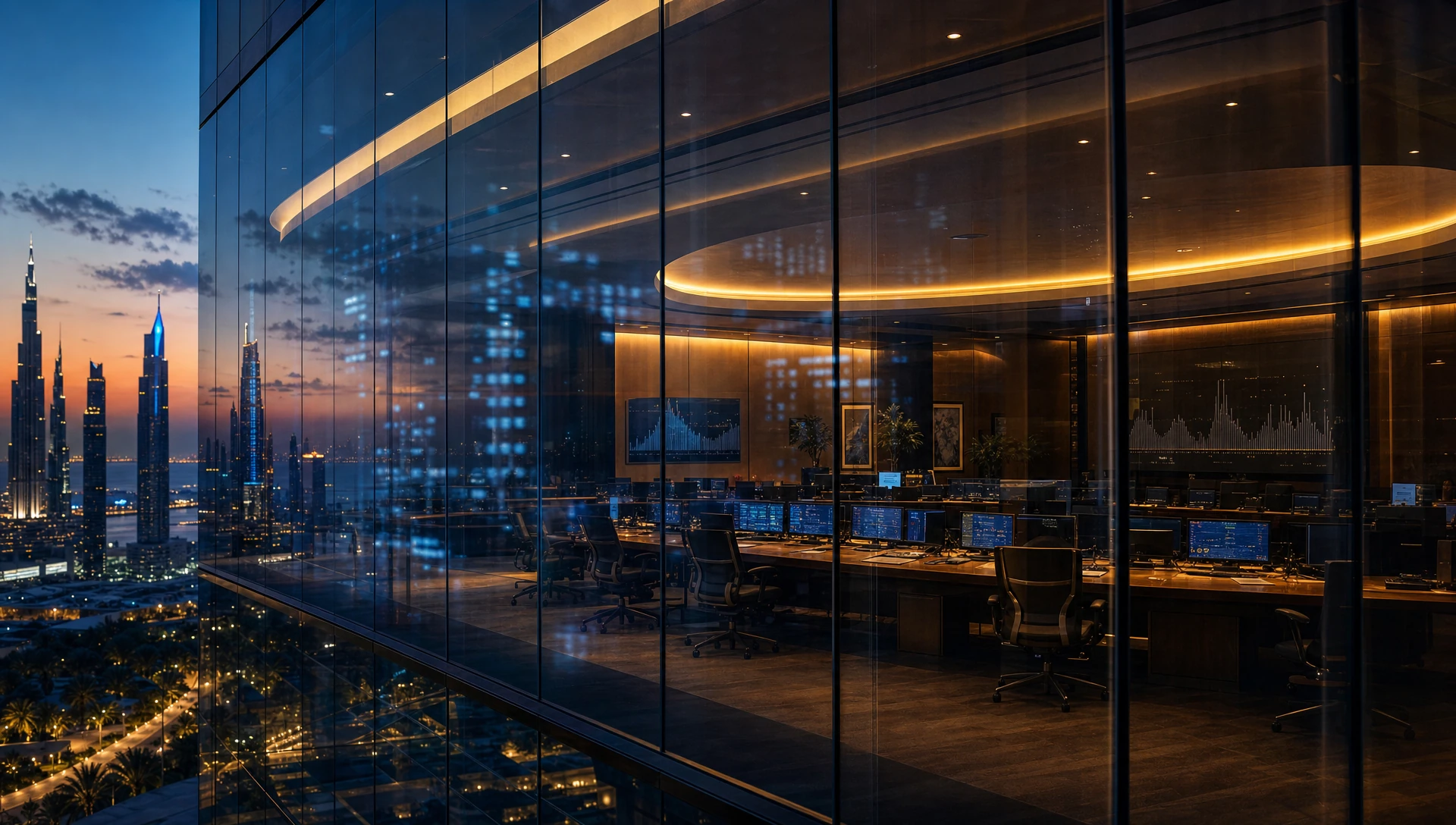 A Gulf trading floor viewed through glass at dusk, faint data-light patterns reflected across the facade.