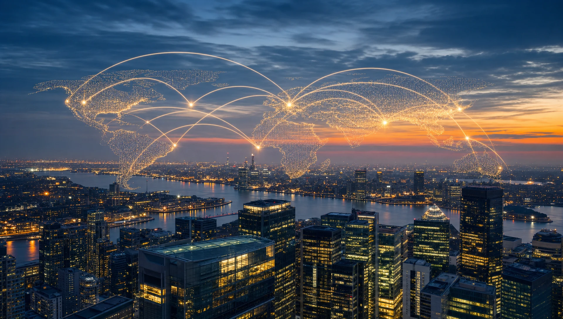 A city skyline at dusk beneath glowing arcs of a global capital-flow network.