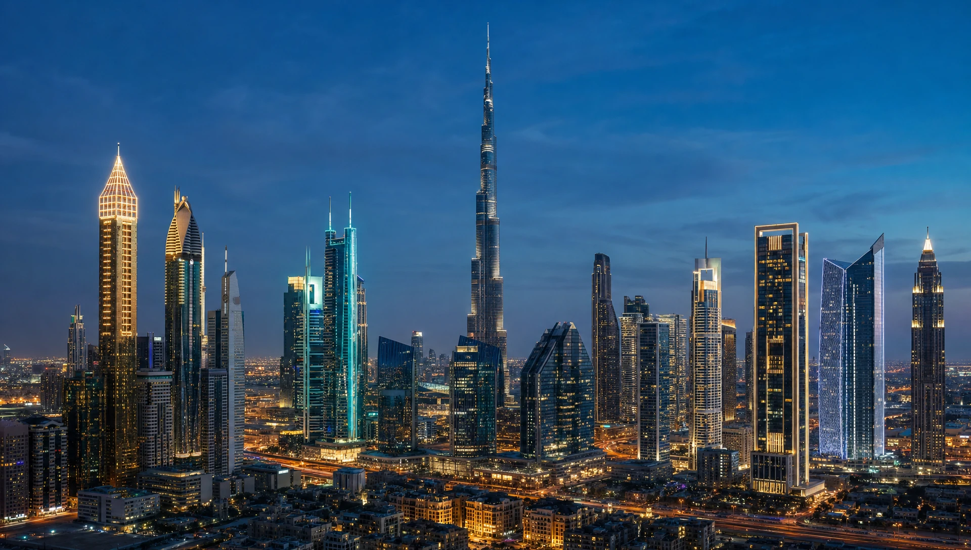 Dubai Downtown and DIFC skyline at blue hour, distinct towers each rim-lit in gold, teal and silver.