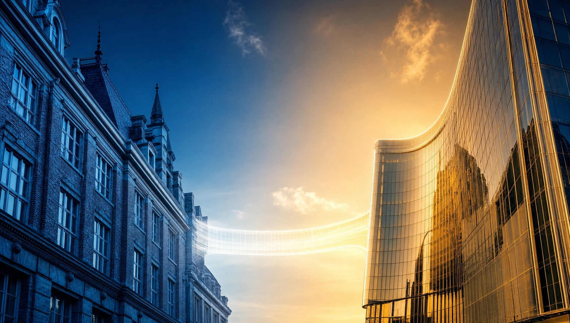 Two facades, one European stone and one Gulf glass tower, joined by a glowing bridge of light at dusk.