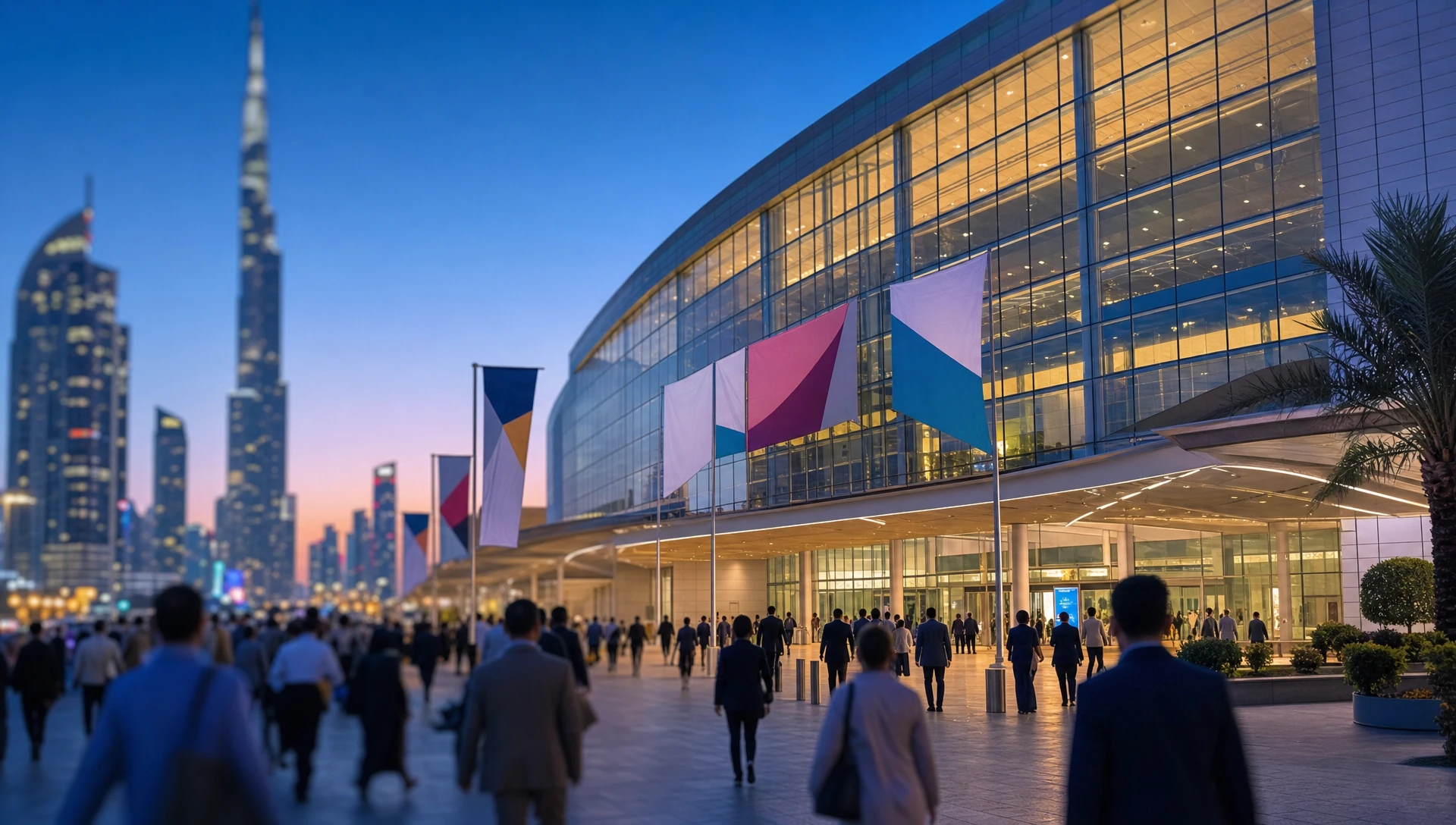 Delegates arrive at a glass congress centre in Dubai at blue hour, banners lit against the darkening skyline.