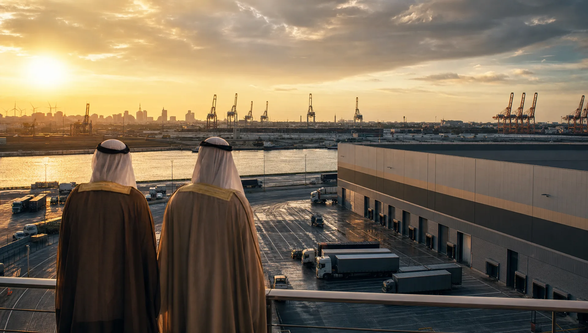 A European logistics landscape meeting incoming Gulf investment at golden hour.