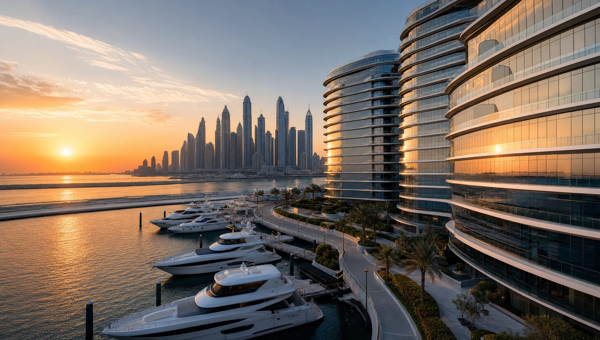 Dubai Marina's waterfront towers and moored superyachts at golden-hour sunset.