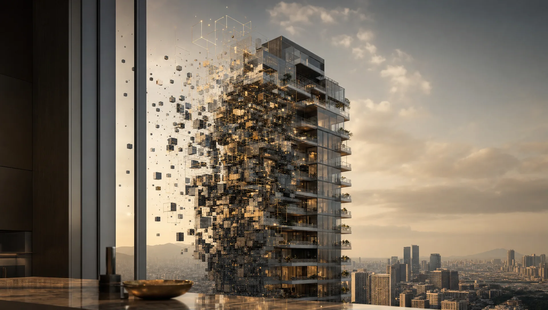 Real estate tokenisation rendered as a lattice of glowing digital blocks.
