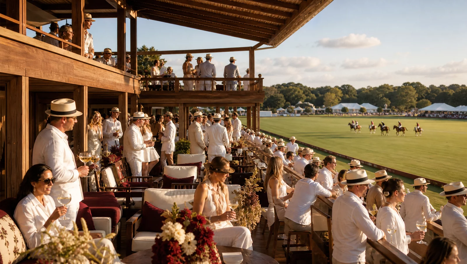 Dwupoziomowy taras Warsaw Polo Club: górny poziom VIP nad dolnym poziomem networkingowym, goście w bieli obserwujący mecz polo