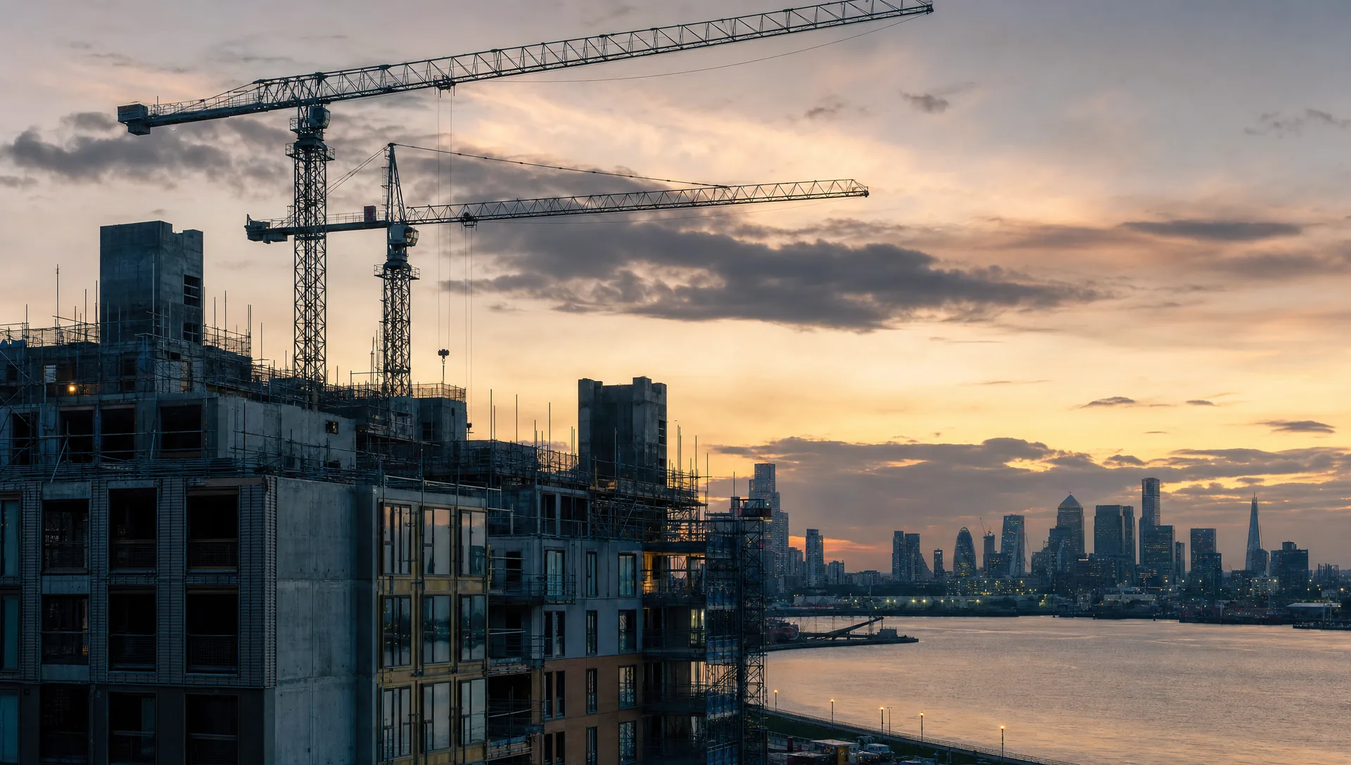 A London residential scheme under construction at dusk, cranes over the site, the cost of capital made visible.