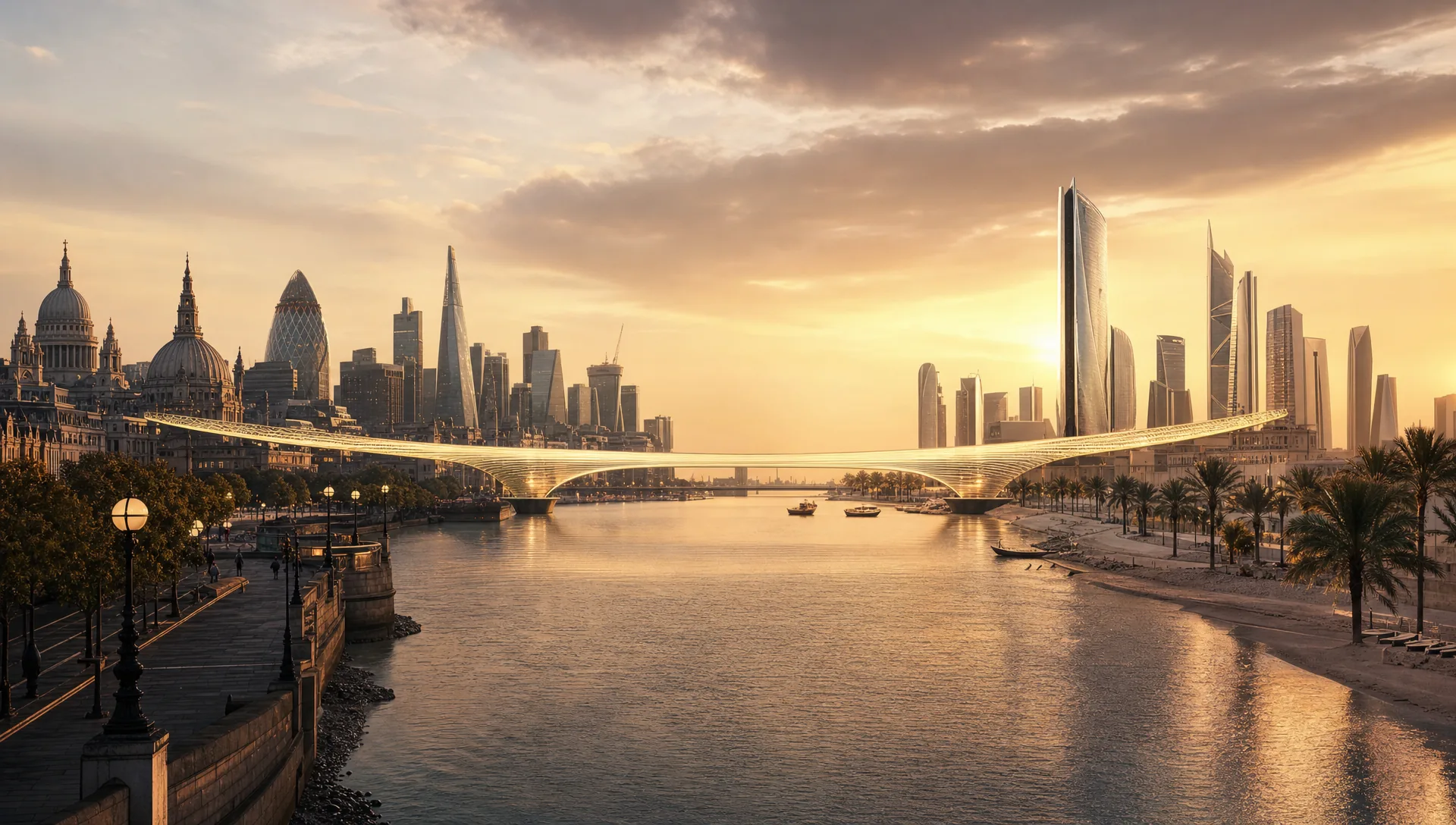 A conceptual bridge over golden water linking the London skyline with Arabian Gulf towers at sunset.