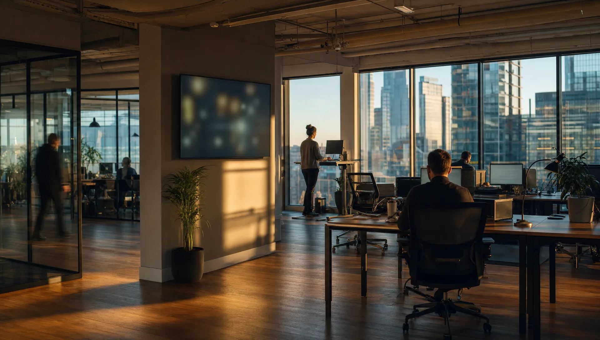 A modern London office floor in early morning light with ceiling sensors and a softly glowing, unreadable wall dashboard.