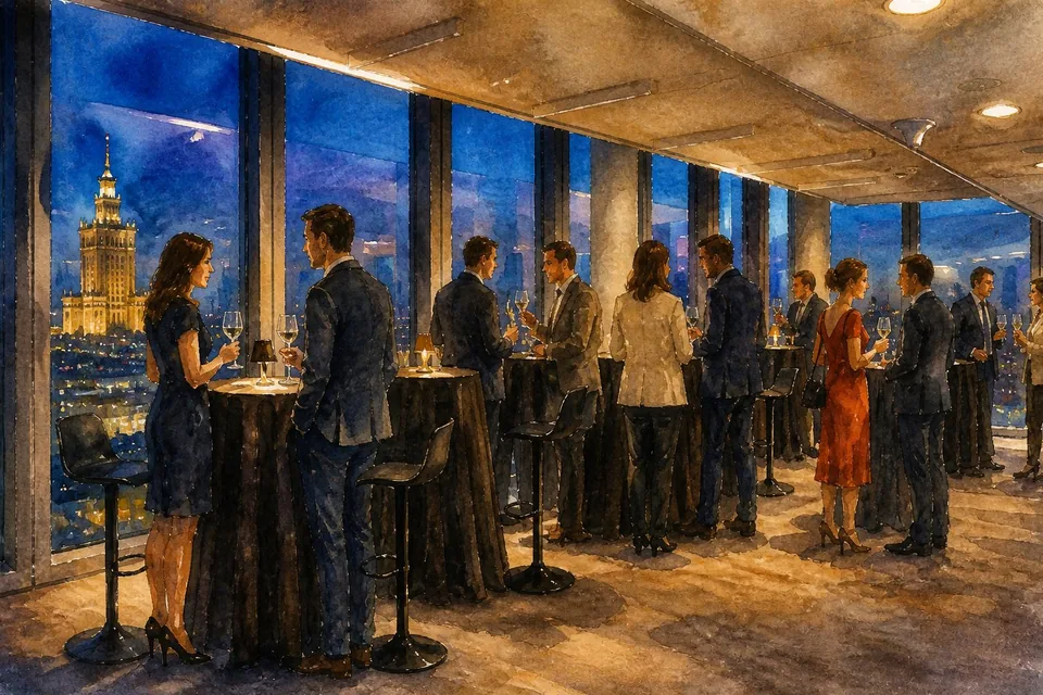 Watercolour illustration of an evening reception high above Warsaw, with the Palace of Culture and Science in the window